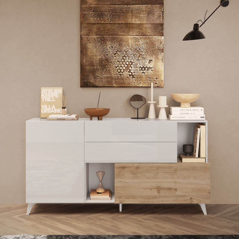 Buffet 180 cm Blanc brillant/Chêne naturel - PORTOFINO