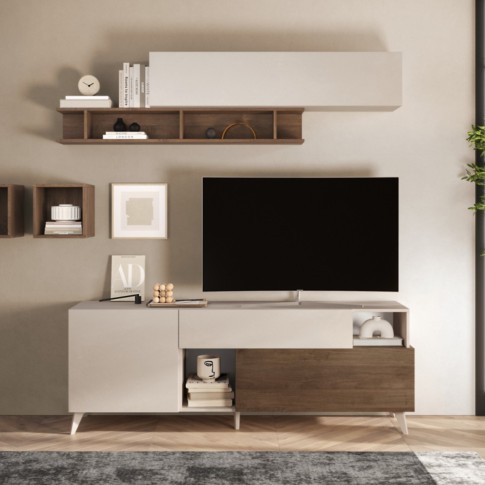 Meuble TV 180 cm Crème/Chêne noisette - PORTOFINO