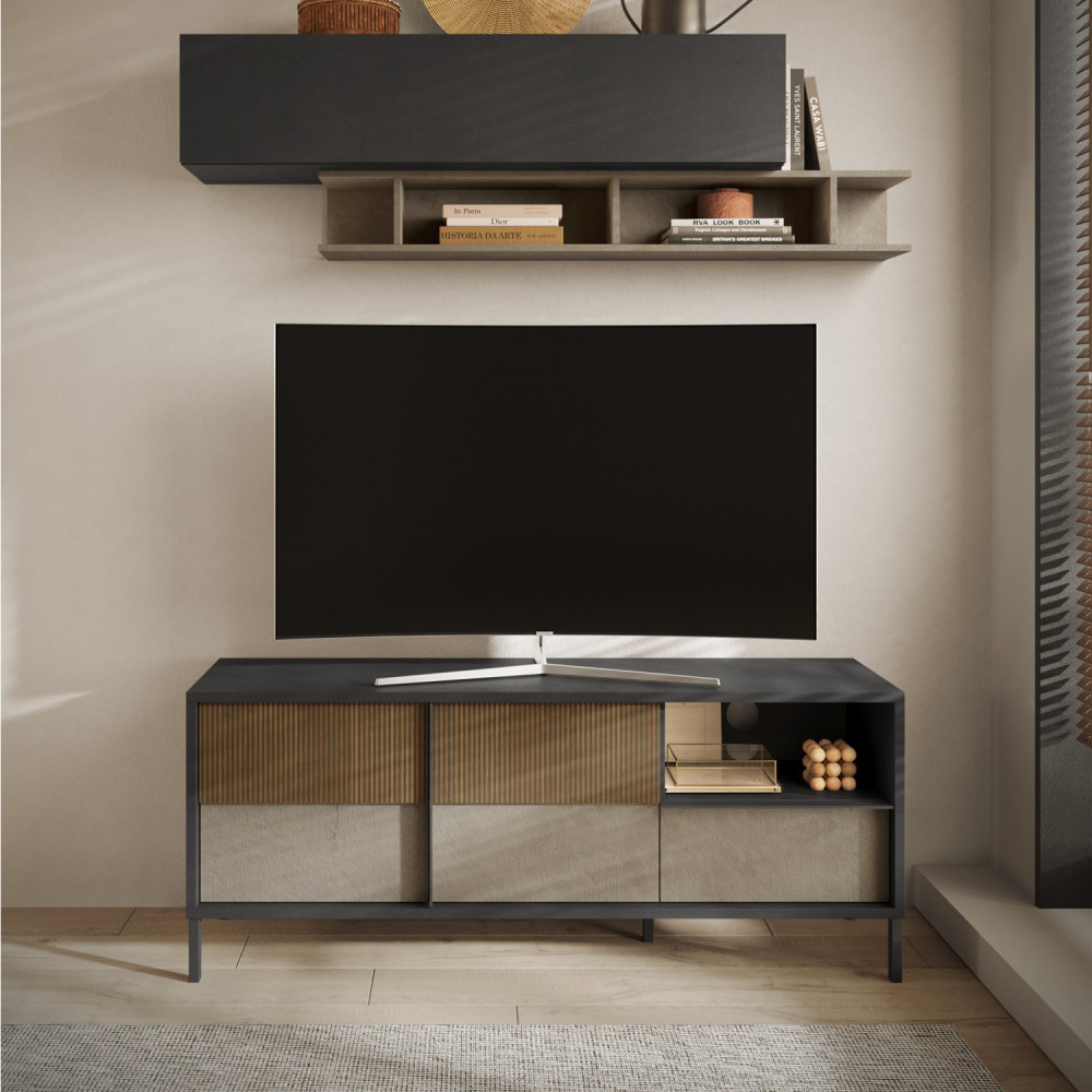 Meuble TV 156 cm Lave/Argile/Chêne noisette - CIVITA