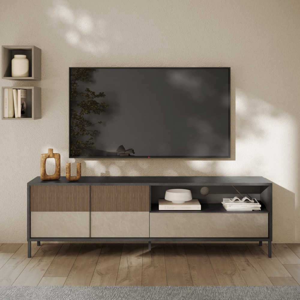 Meuble TV 206 cm Lave/Argile/Chêne noisette - CIVITA