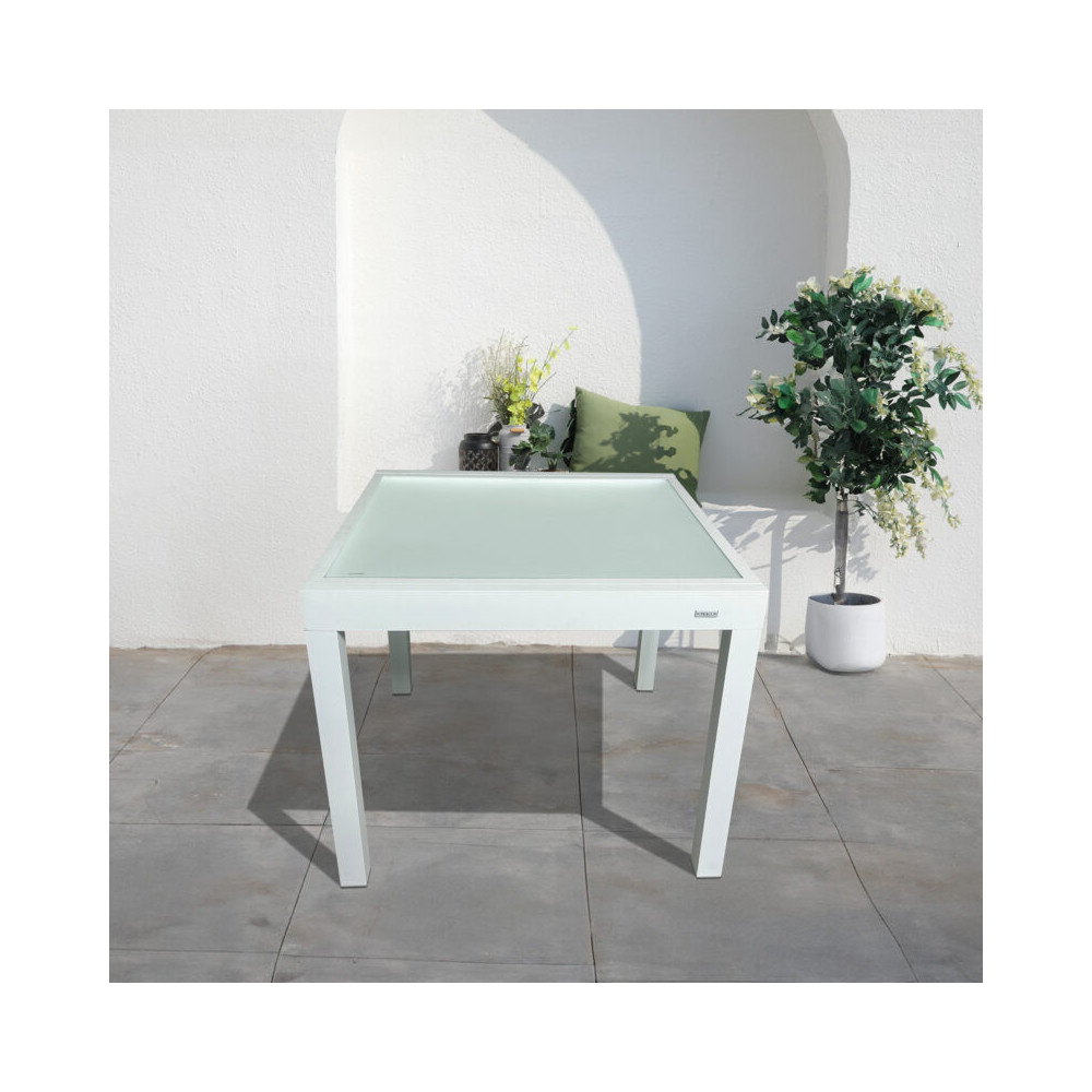 Table de jardin carrée extensible en aluminium Blanc/verre - BLANCA