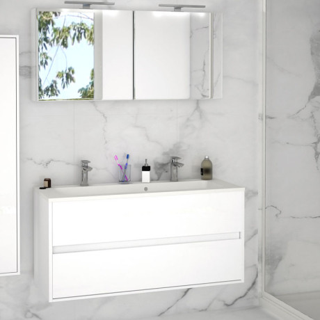 Meuble sous-vasque 120 cm Cristal Blanc + vasque + armoire Miroir - ENKEL