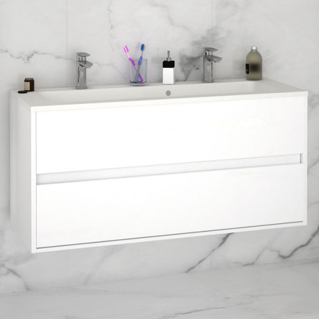 Meuble sous-vasque 120 cm Cristal blanc + vasque + armoire Miroir + Colonne - ENKEL