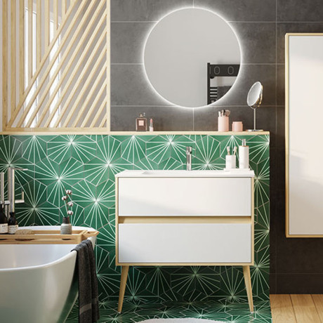 Meuble sous-vasque à pieds 90 cm Opale Blanc + vasque + miroir  - ENKEL