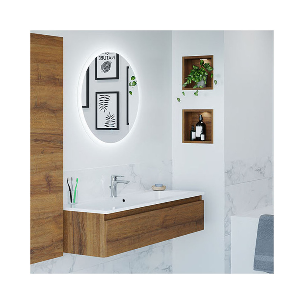 Meuble sous-vasque 90 cm Chêne Cognac + vasque + miroir - ANK