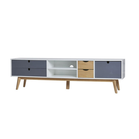 Meuble TV 4 tiroirs 1 porte Blanc/Bois/Gris - NANO