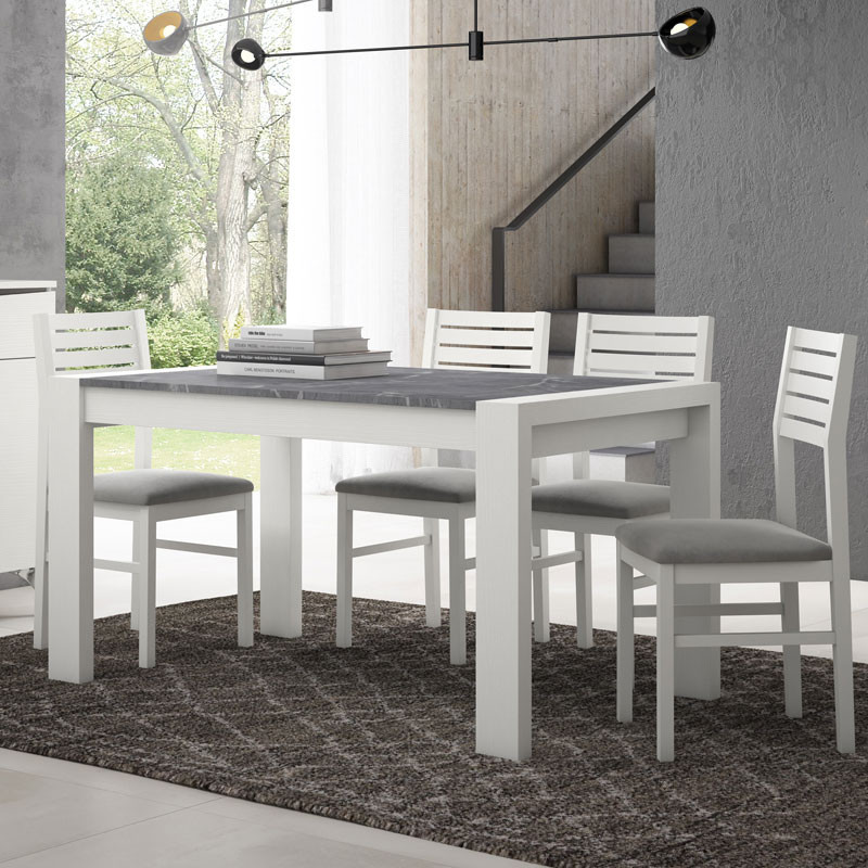 Ensemble Table & Chaises Bois blanc/Marbre gris CAMELIA-Univers Salon  Couleur Blanc Matière Bois