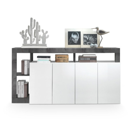Buffet 4 portes Blanc laqué brillant/Ciment - ISCHIA