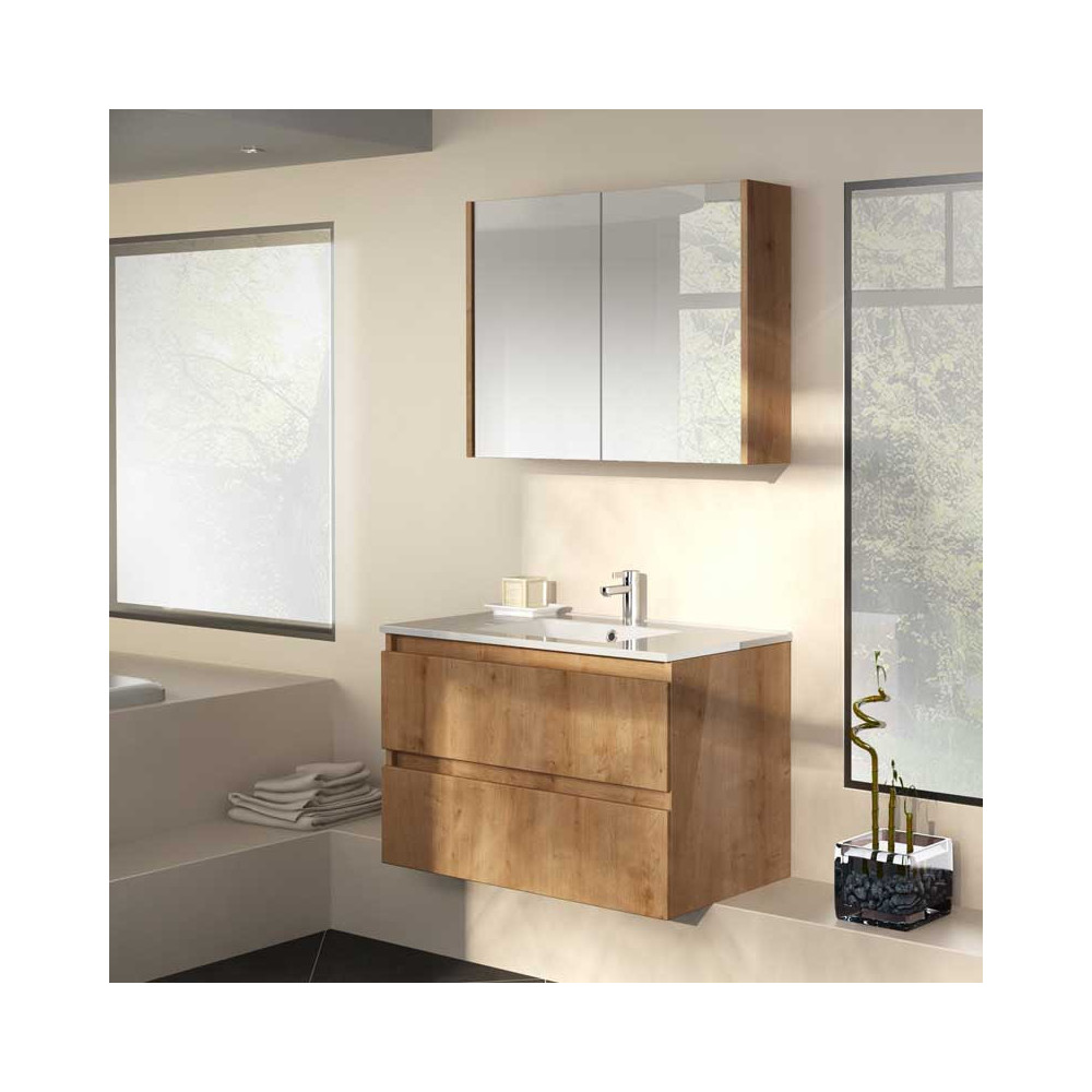 Ensemble meubles salle de bain 90 cm Bois  + vasque + armoire miroir