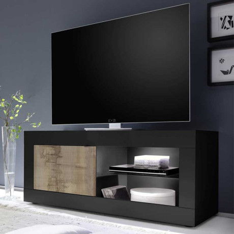 Meuble TV 1 porte 2 niches Noir mat/Bois fumé à LEDs - MATERA