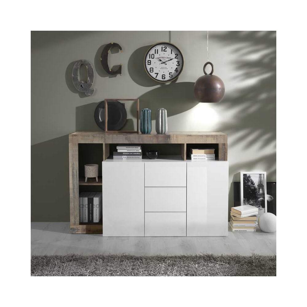 Buffet 2 portes 3 tiroirs Blanc laqué brillant/Bois fumé - ISCHIA