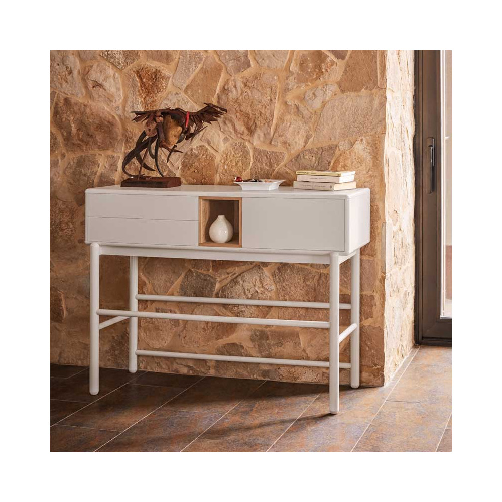 Console 2 tiroirs Laque Crème/Bois - TEULAT CORVO