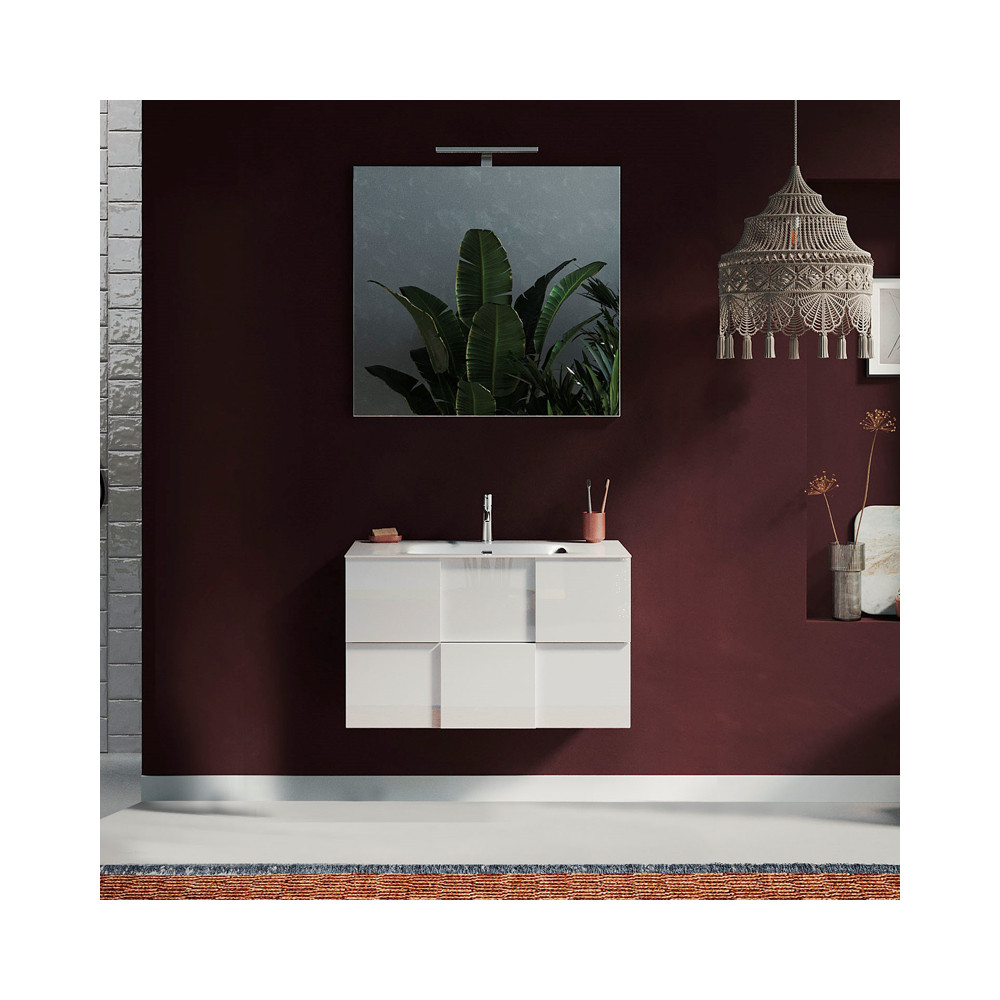 Meuble sous-vasque 80 cm Laqué Blanc brillant + vasque + miroir led - TICATO