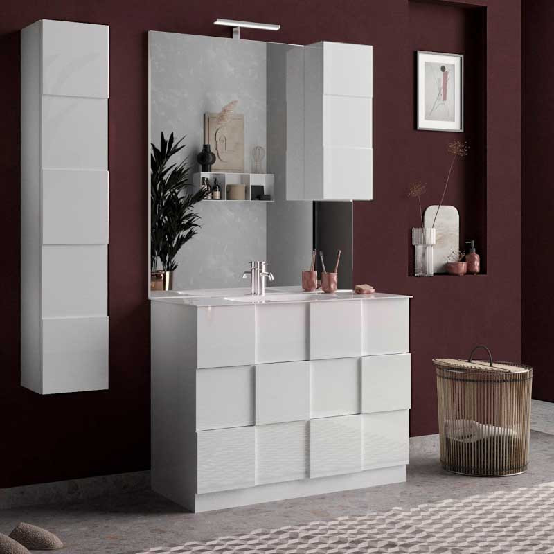 Meuble avec miroir pour salle de bain 100 cm, meuble de salle de bain blanc  laqué Teramo